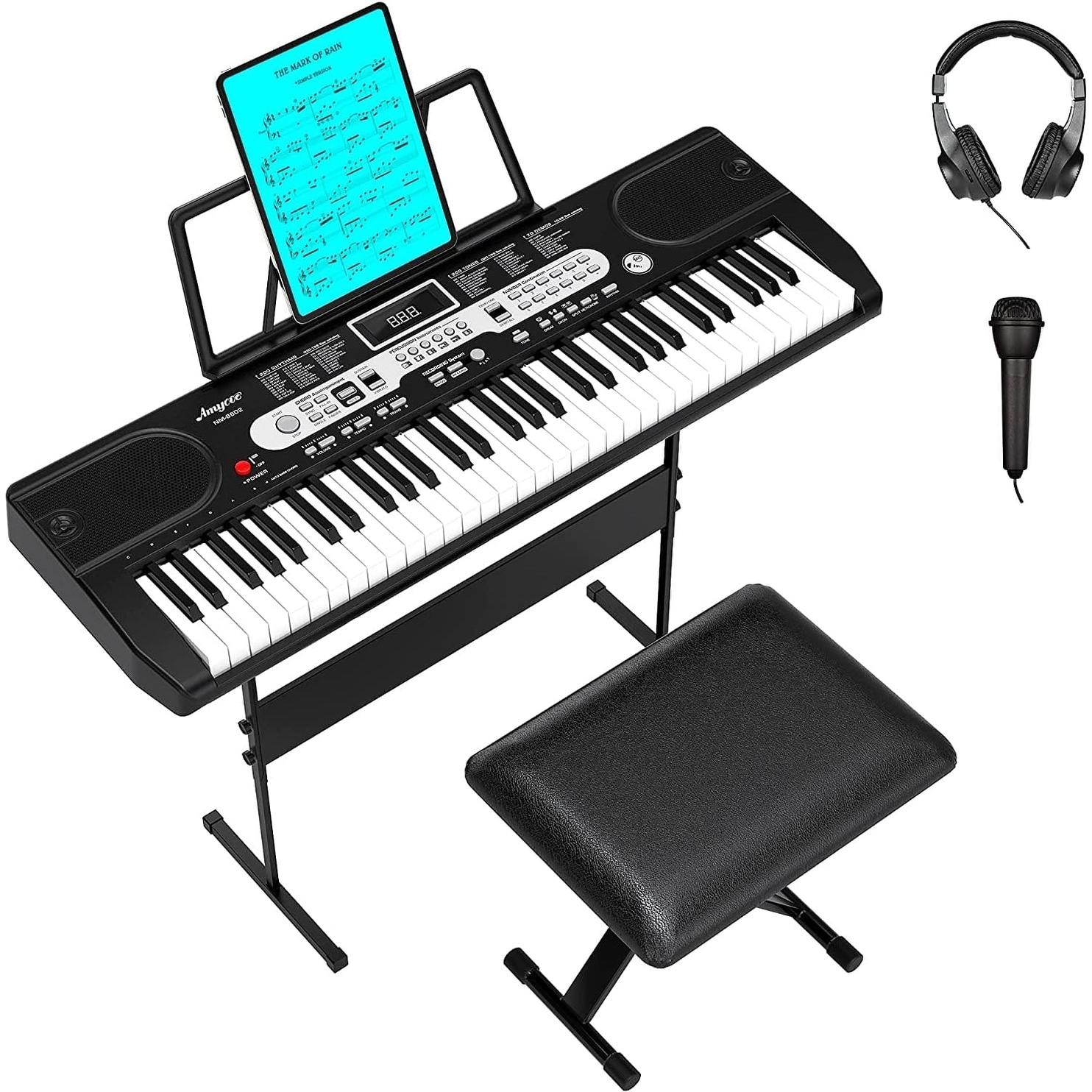 Homfan Keyboard Piano 61 Key Piano Keyboard For Beginner Professional Electric Piano With Microphone Piano App LCD Keynote Stickers Supports